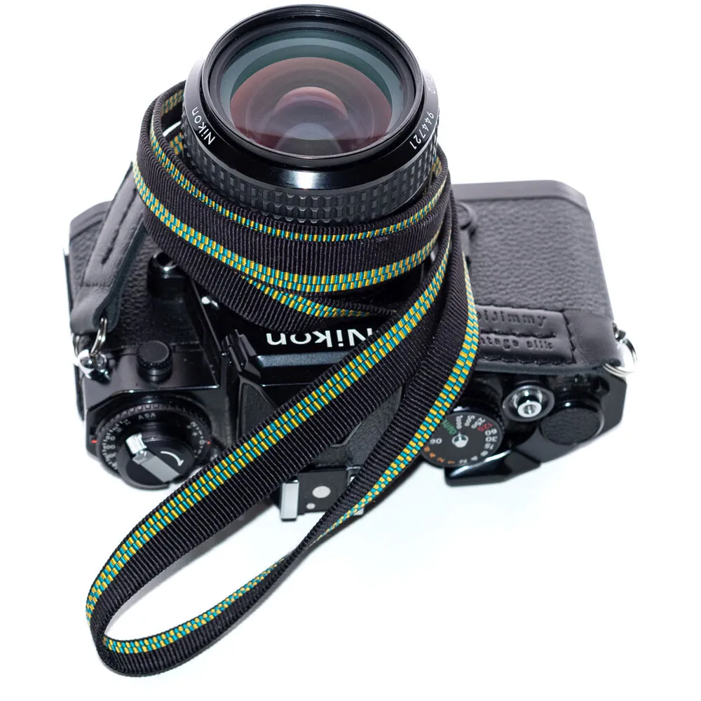 ObiJimmy Minami Pure Silk Camera Strap (Black with Blue/Yellow Stripes, 47.2")