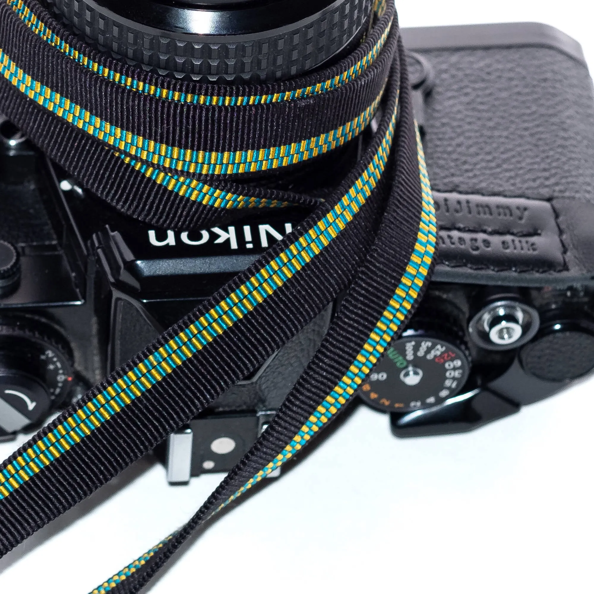 ObiJimmy Minami Pure Silk Camera Strap (Black with Blue/Yellow Stripes, 47.2")
