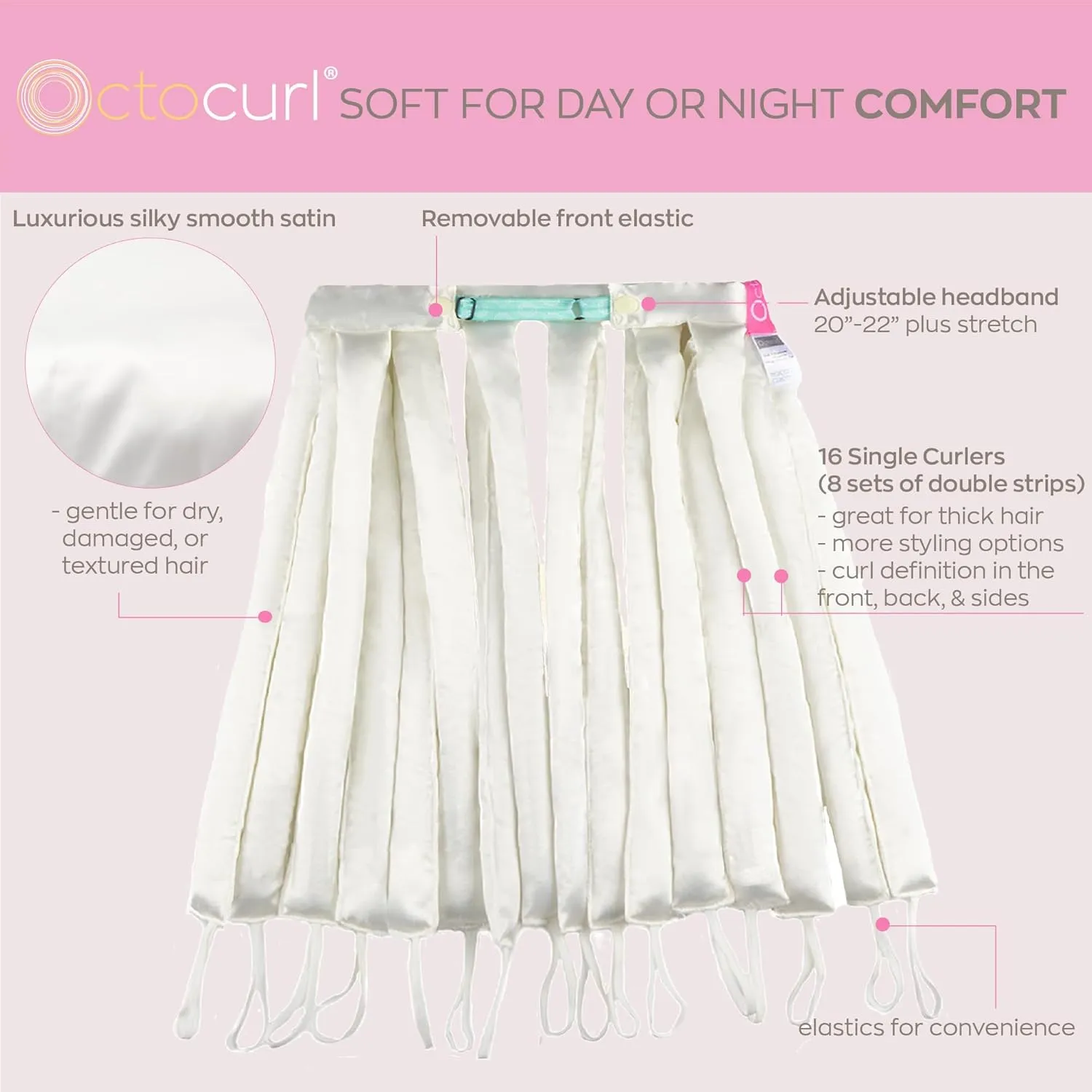 Octocurl Satin Hair Curlers - Heatless Curls Overnight - Headband Curlers for Long Hair (Satin - White)