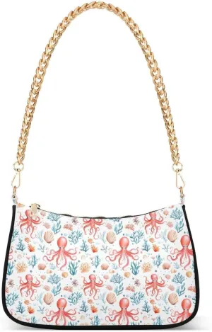 Octopus Seashell Coral Reef Ocean Tote Bag Shoulder Bag Hobo Handbag for Women Ladies Mini Clutch Purse with Zipper Closure