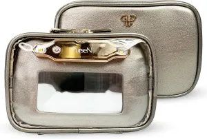 OFT 2024 LITTMINI Lighted Mirror Case - Small Makeup Bag with Detachable Mirror & Multiple Pouches for Organization - Vegan Leather, Mini Makeup Bag Ideal for Travel & Everyday Essentials (Bronze)