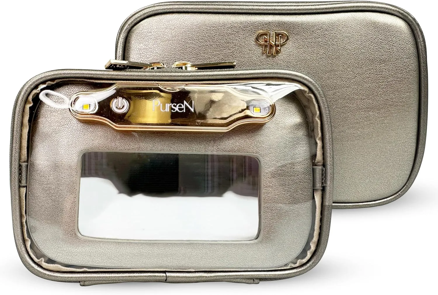 OFT 2024 LITTMINI Lighted Mirror Case - Small Makeup Bag with Detachable Mirror & Multiple Pouches for Organization - Vegan Leather, Mini Makeup Bag Ideal for Travel & Everyday Essentials (Bronze)