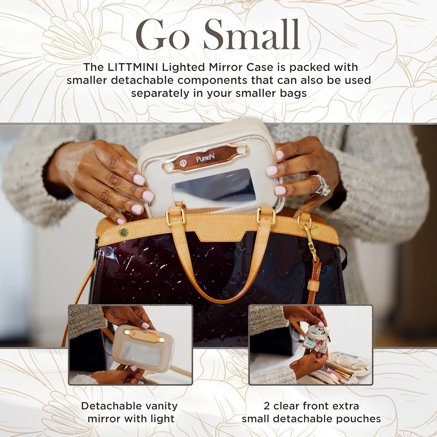 OFT 2024 LITTMINI Lighted Mirror Case - Small Makeup Bag with Detachable Mirror & Multiple Pouches for Organization - Vegan Leather, Mini Makeup Bag Ideal for Travel & Everyday Essentials (Bronze)
