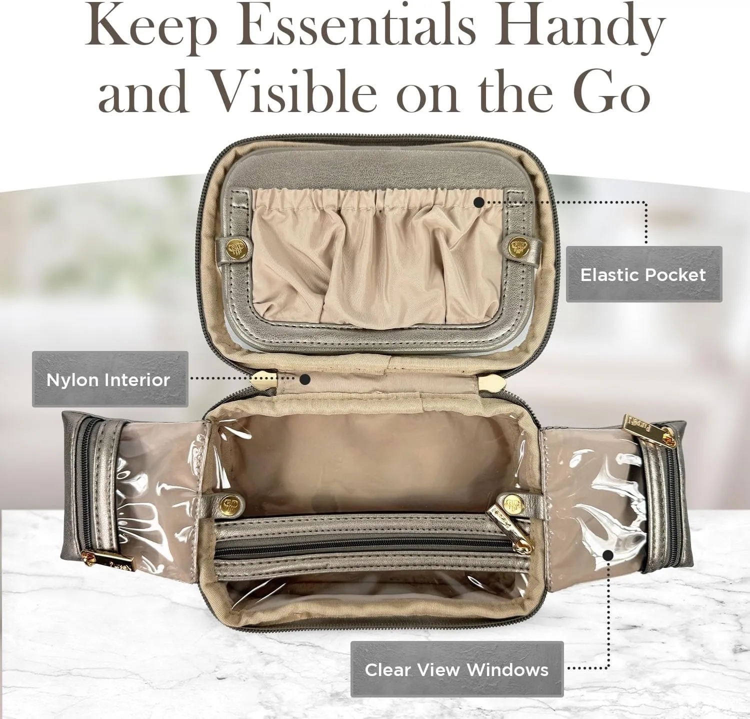 OFT 2024 LITTMINI Lighted Mirror Case - Small Makeup Bag with Detachable Mirror & Multiple Pouches for Organization - Vegan Leather, Mini Makeup Bag Ideal for Travel & Everyday Essentials (Bronze)