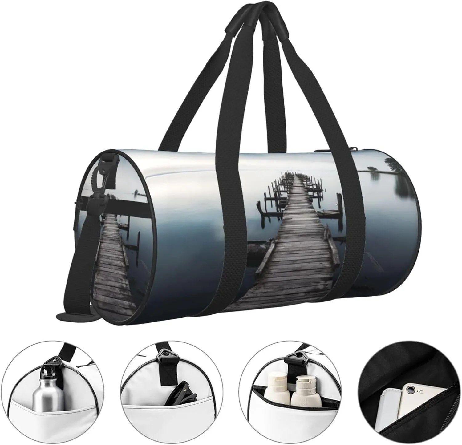 Old Wood Pier Above Calm Water Travel Duffle Bag for Men Women Sport Gym Bag Foldable Weekender Bag Carry on Overnight Bag for Travel Swimming Basketball
