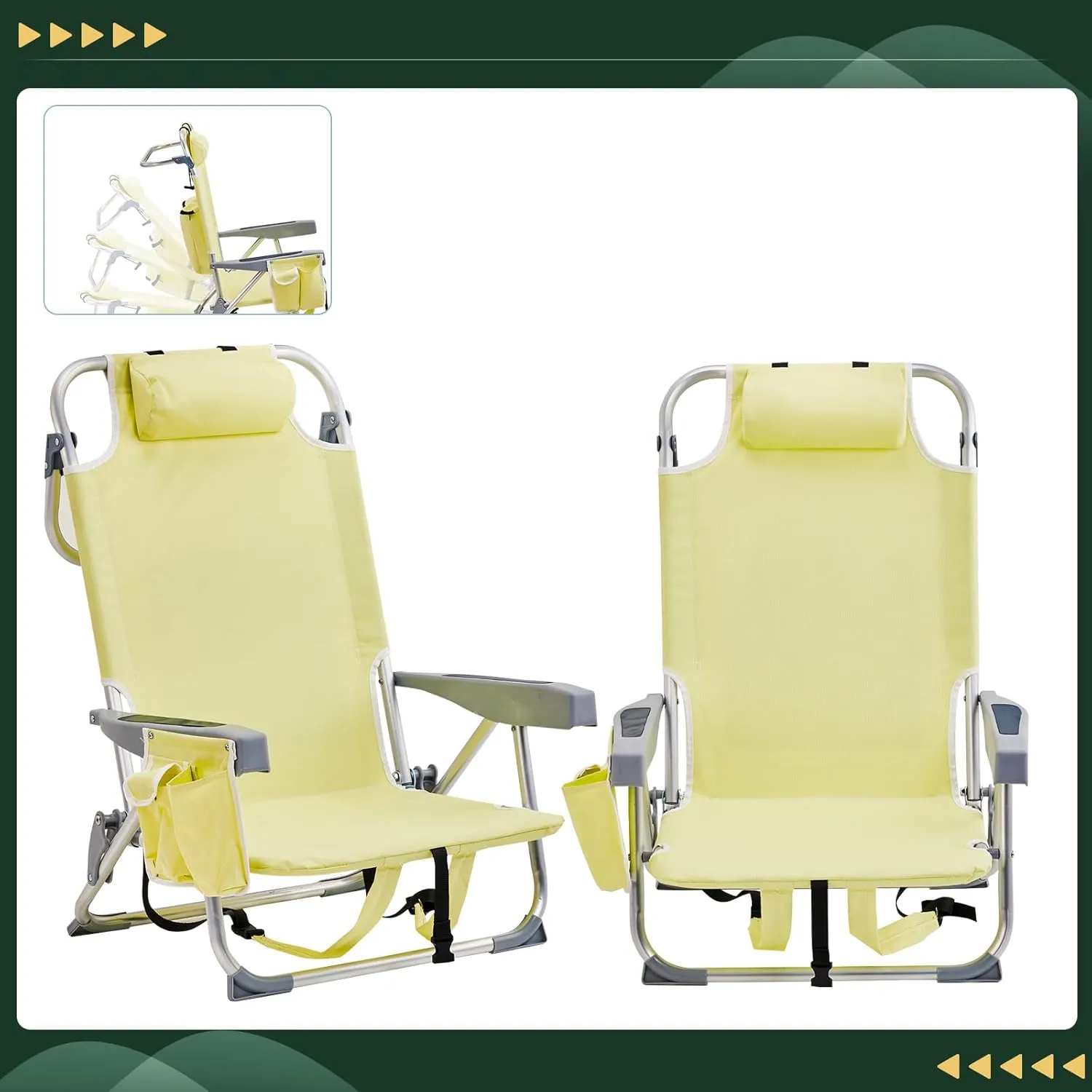 Outdoor Beach Lawn Chairs,Low Oxford Cloth Backpack Foldable Camping Chair,Portable Lightweight Beach Chairs for Adults,Folding Camping Chair,with Cup Holder,for Patio Pool Yard Garden (Yellow)