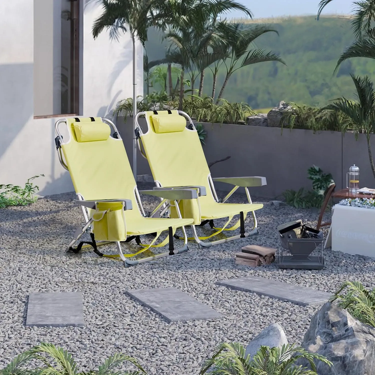 Outdoor Beach Lawn Chairs,Low Oxford Cloth Backpack Foldable Camping Chair,Portable Lightweight Beach Chairs for Adults,Folding Camping Chair,with Cup Holder,for Patio Pool Yard Garden (Yellow)