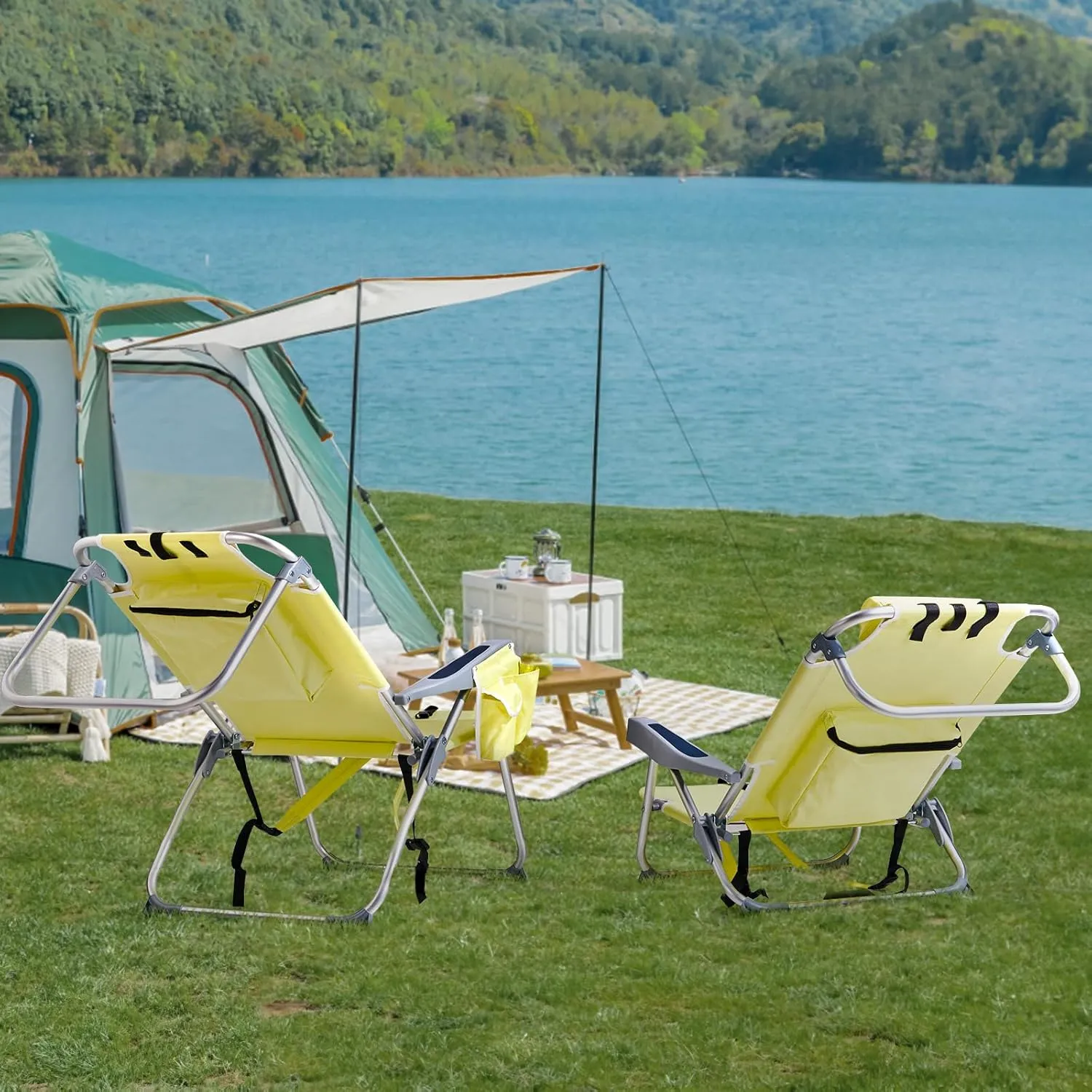 Outdoor Beach Lawn Chairs,Low Oxford Cloth Backpack Foldable Camping Chair,Portable Lightweight Beach Chairs for Adults,Folding Camping Chair,with Cup Holder,for Patio Pool Yard Garden (Yellow)