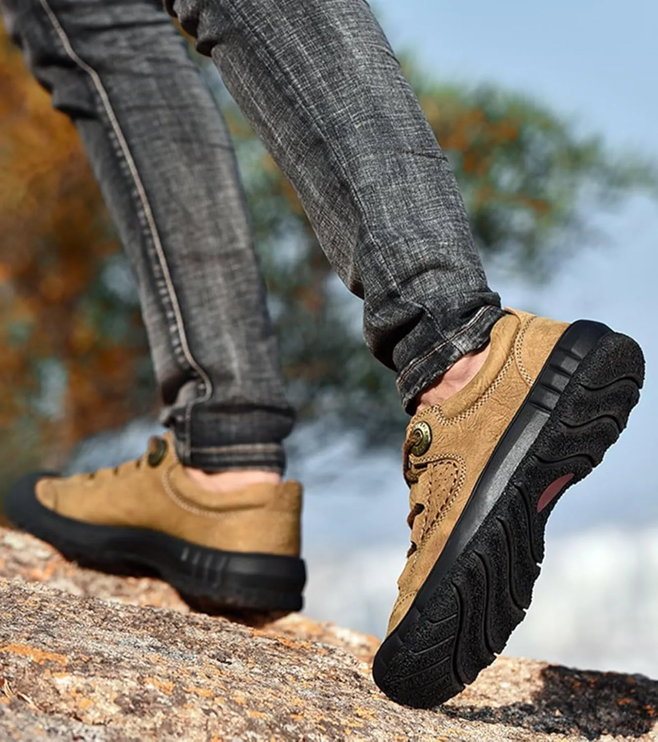 Outdoor Leather Shoes Men's Casual Walking Shoes Leather Business Shoes Comfortable Hiking Trekking Shoes