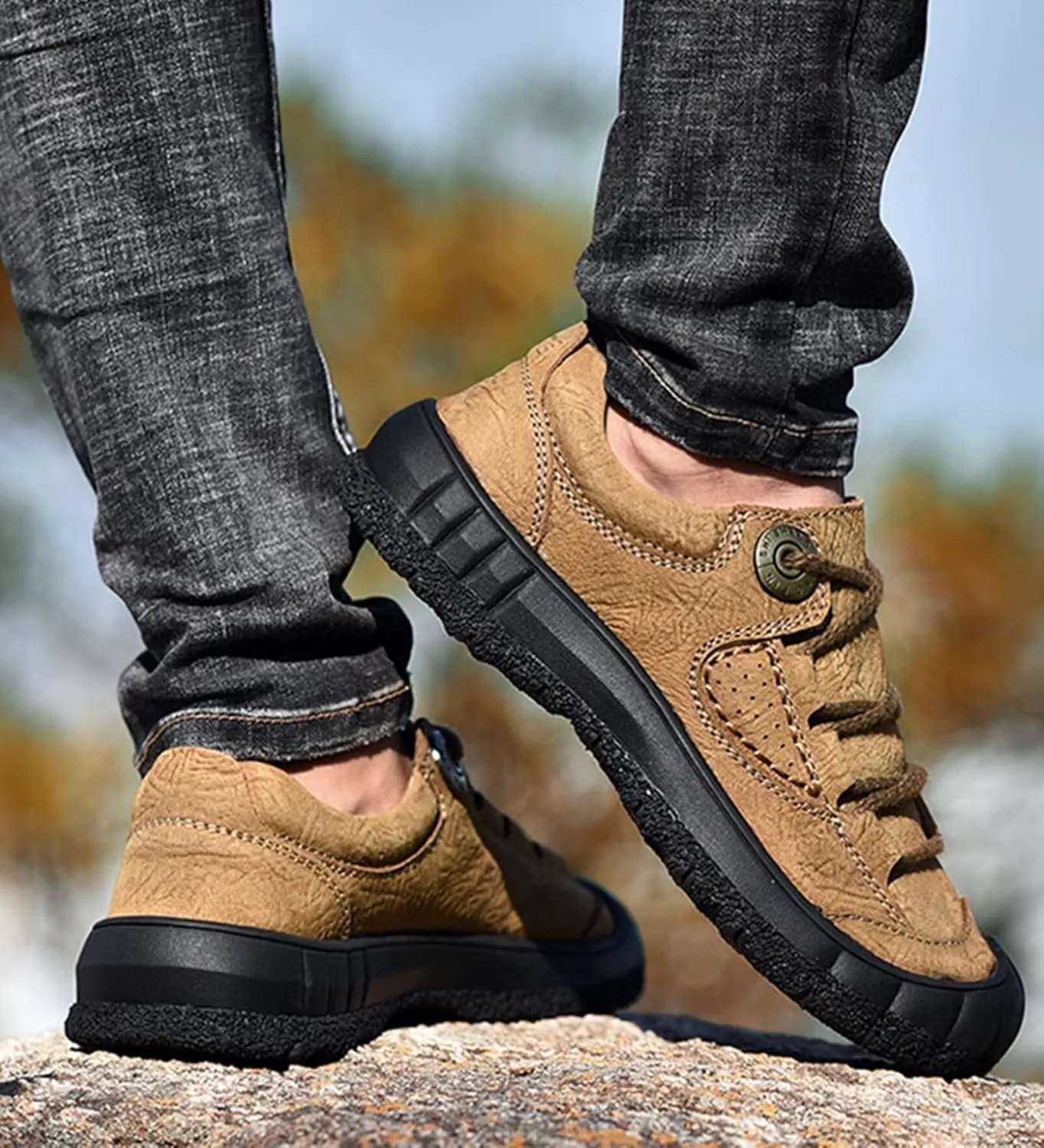 Outdoor Leather Shoes Men's Casual Walking Shoes Leather Business Shoes Comfortable Hiking Trekking Shoes