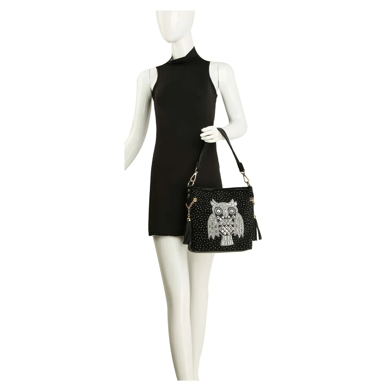Owl Design Rhinestone Hobo Handbag