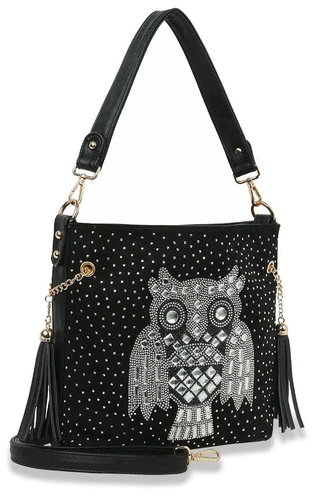 Owl Design Rhinestone Hobo Handbag