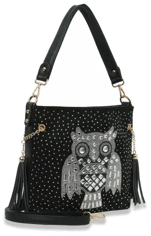 Owl Design Rhinestone Hobo Handbag