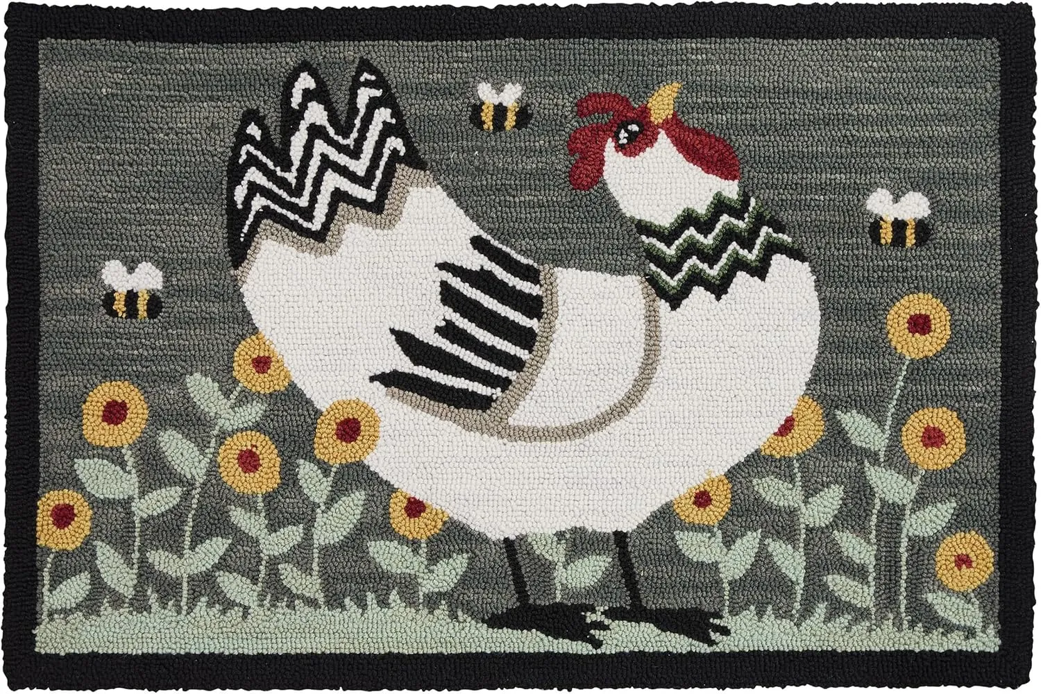 Park Designs My Little White Hen Hooked Rug 2' x 3', Gray 100% Cotton Hooked Rug for Entryway, Living Room, Kitchen and Bedroom, Dark Chicken Themed Farmhouse Garden Style Home Decor