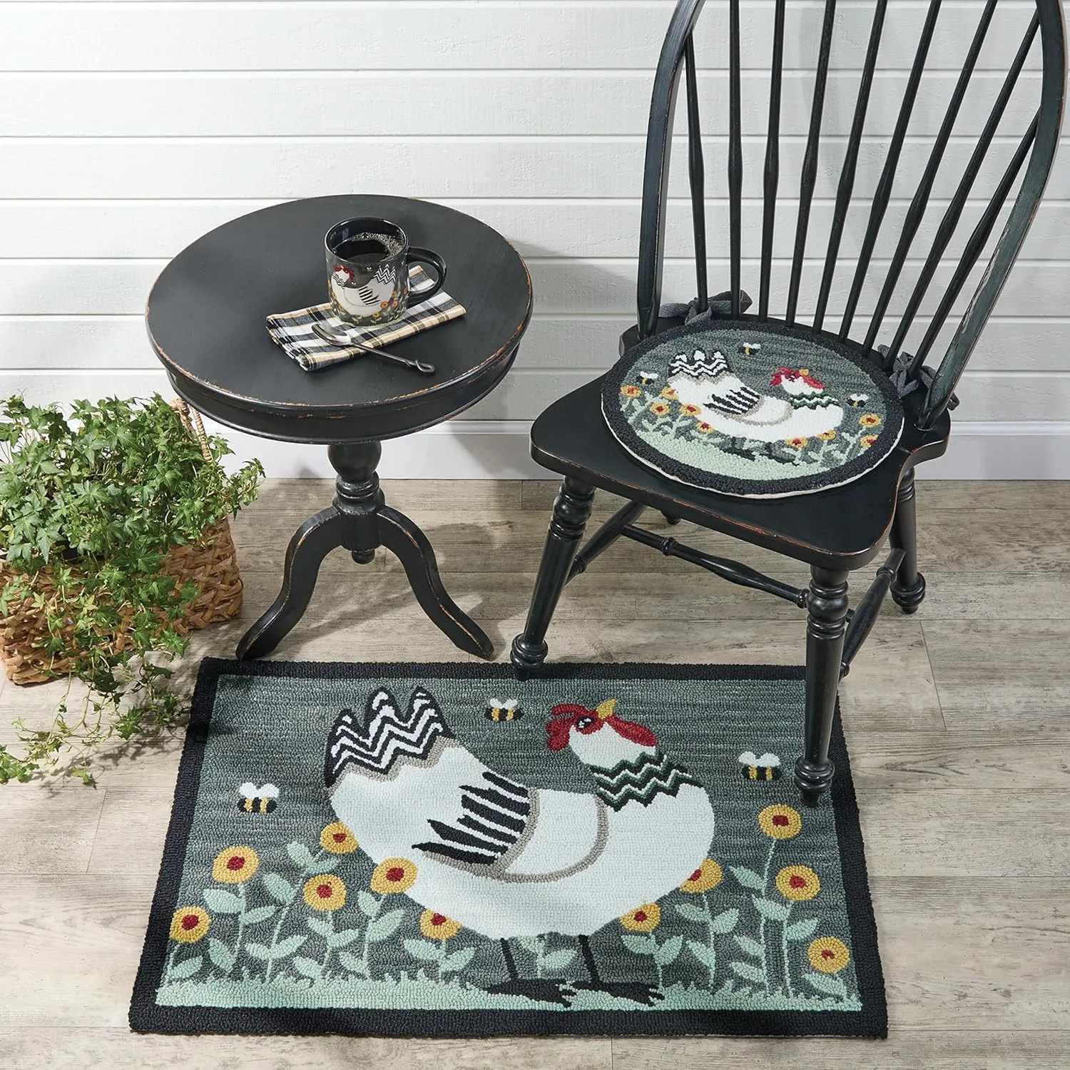 Park Designs My Little White Hen Hooked Rug 2' x 3', Gray 100% Cotton Hooked Rug for Entryway, Living Room, Kitchen and Bedroom, Dark Chicken Themed Farmhouse Garden Style Home Decor