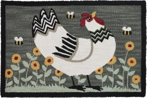 Park Designs My Little White Hen Hooked Rug 2' x 3', Gray 100% Cotton Hooked Rug for Entryway, Living Room, Kitchen and Bedroom, Dark Chicken Themed Farmhouse Garden Style Home Decor
