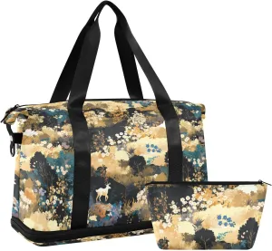 Pastoral style flowers dark color Personal Item Travel Bags Overnight Weekender Bags Sports Gym Tote Bag with Toiletry Bag for Travel 2 Pcs Set