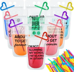 Patelai 24 Sets Zipper Drink Pouches with Straws Reusable Smoothie Pouches Freezable Juice Pouches Smoothie Pouches Heavy Duty Reclosable Ice Drink Pouch Bag Liquor Pouches(Black Letters)