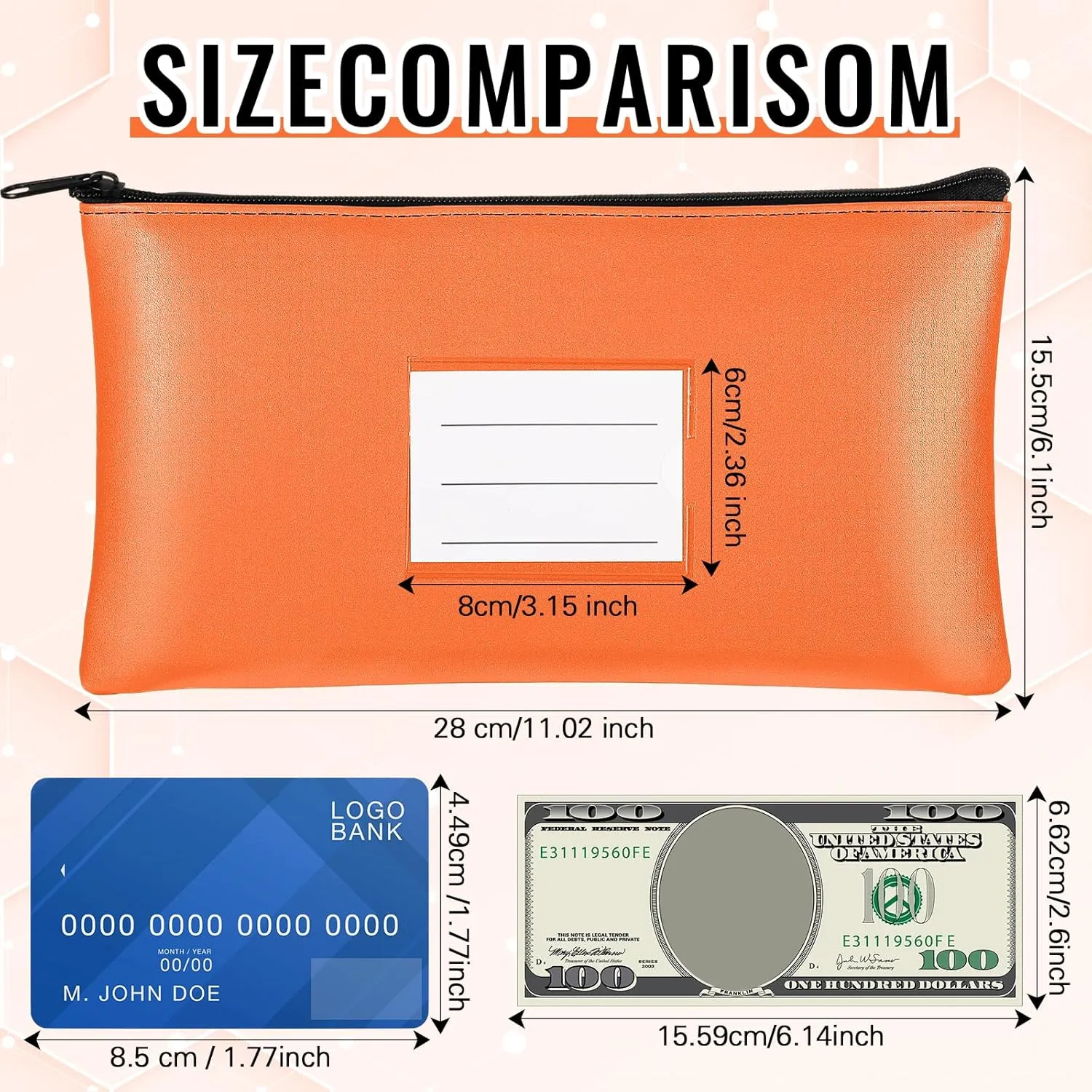 Paterr 6 Pcs Money Bags with Zipper PU Leather Deposit Bank Bag Security Money Pouch Receipt Holder Bank Bag Wallet with Label for Cash Coin Makeup Cosmetics Bills Tickets, 11 x 6 Inch(Orange)