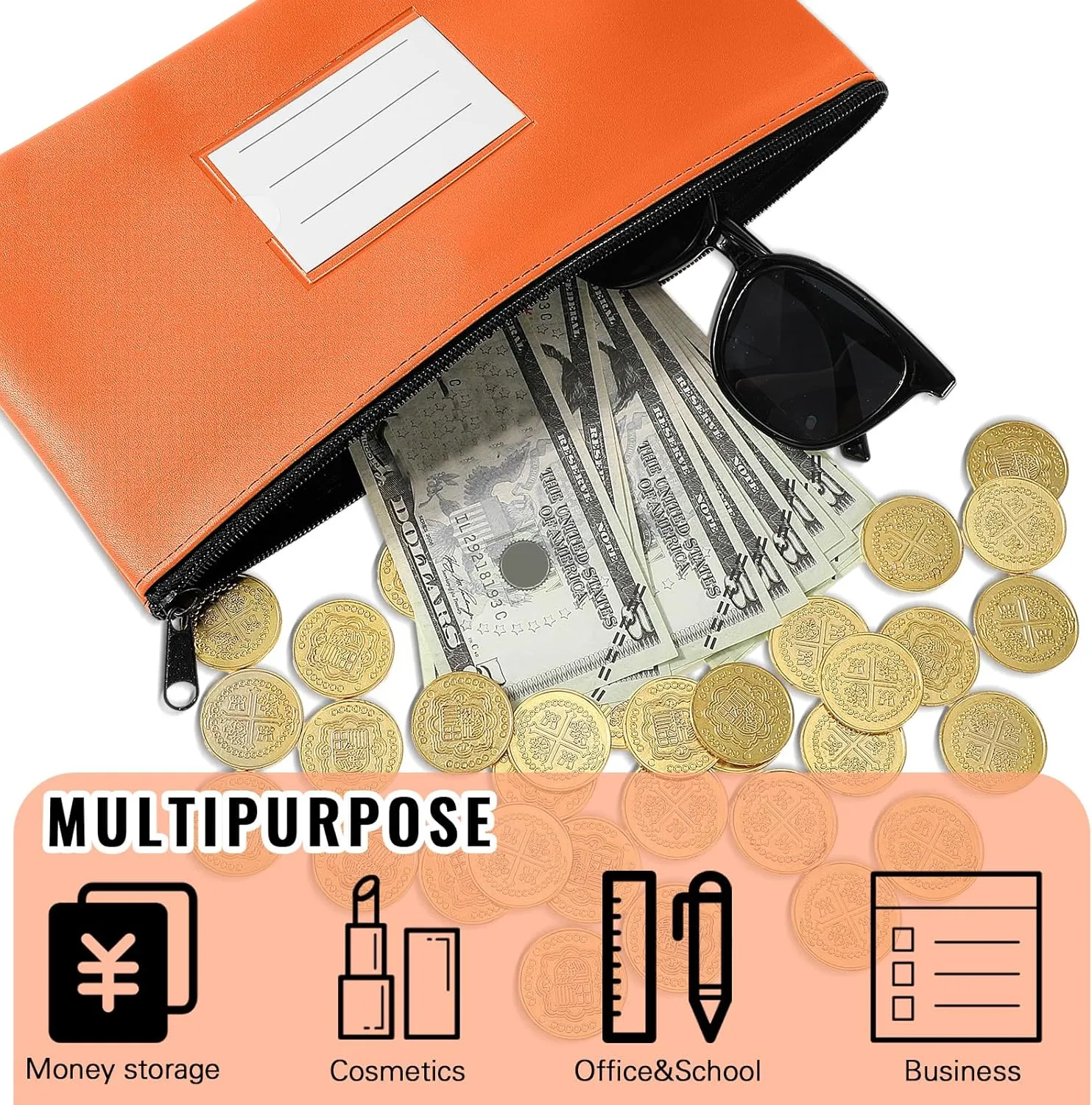 Paterr 6 Pcs Money Bags with Zipper PU Leather Deposit Bank Bag Security Money Pouch Receipt Holder Bank Bag Wallet with Label for Cash Coin Makeup Cosmetics Bills Tickets, 11 x 6 Inch(Orange)