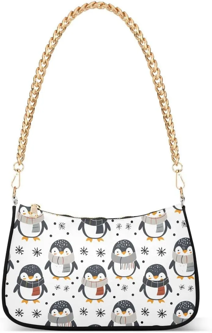 Penguin Snowflake Polka Dot Christmas Tote Bag Hobo Handbag for Women Ladies Shoulder Bag Mini Clutch Purse with Zipper Closure
