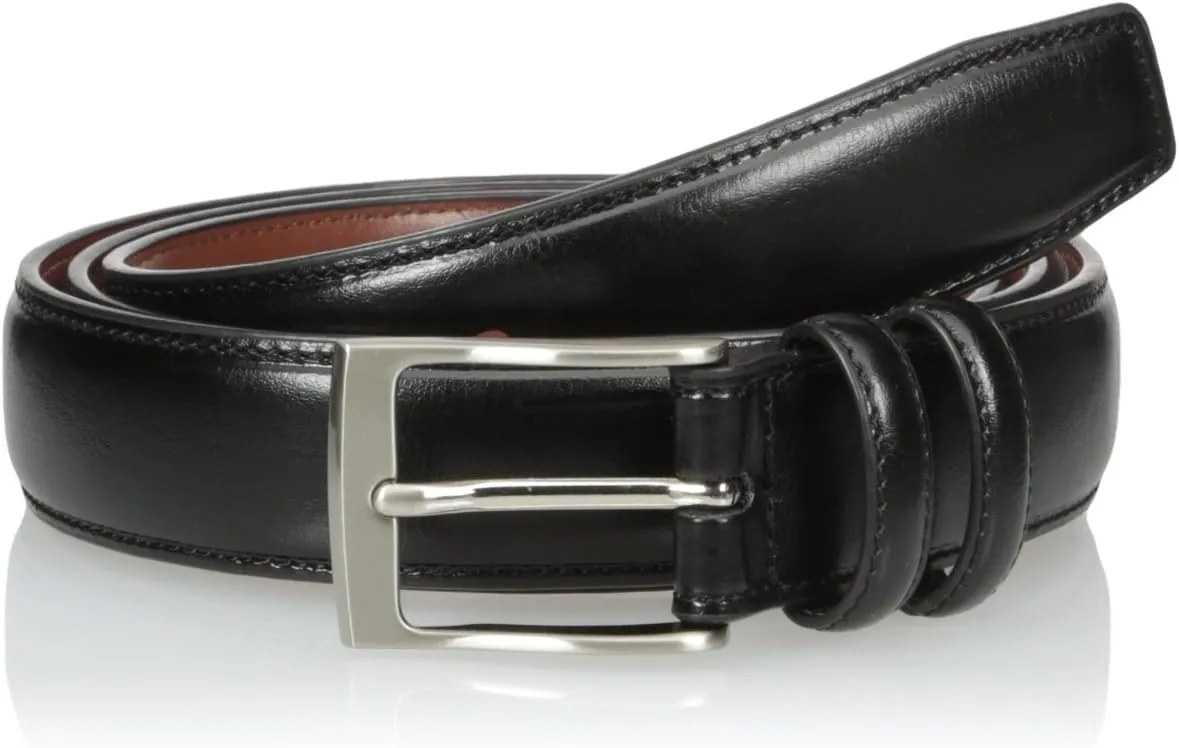 Perry Ellis Men's Hc Milled Leather Belt, Stitched, Two Loops, Antique Silver Buckle, 1.5” Width (Available in Big & Tall)