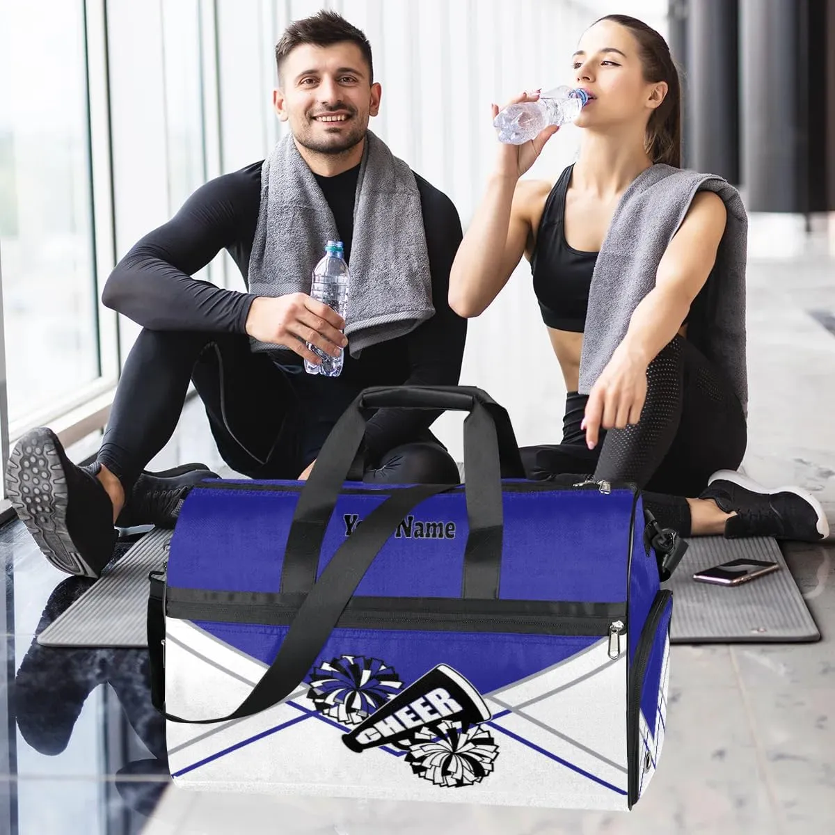 Personalized Cheer Duffel Bag Cheerleader Weekender Overnight Bag Custom Name Team Gift Lightweight Gymnastics Dance Bag Waterproof Sport Gym Travel Collapsible Carry on Tote Bag Blue Silvery White
