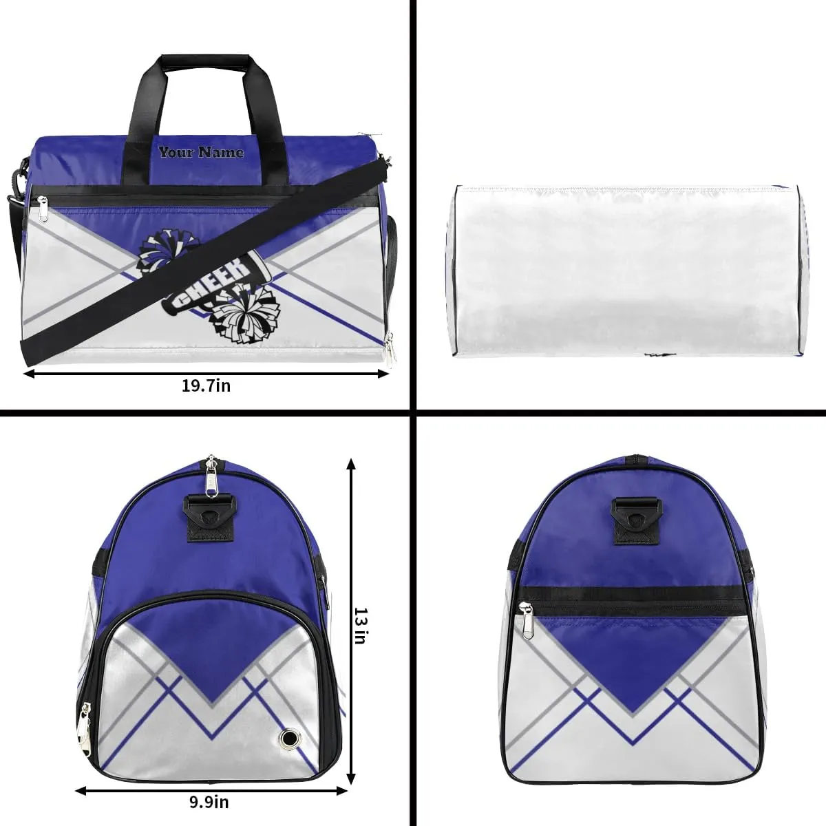 Personalized Cheer Duffel Bag Cheerleader Weekender Overnight Bag Custom Name Team Gift Lightweight Gymnastics Dance Bag Waterproof Sport Gym Travel Collapsible Carry on Tote Bag Blue Silvery White