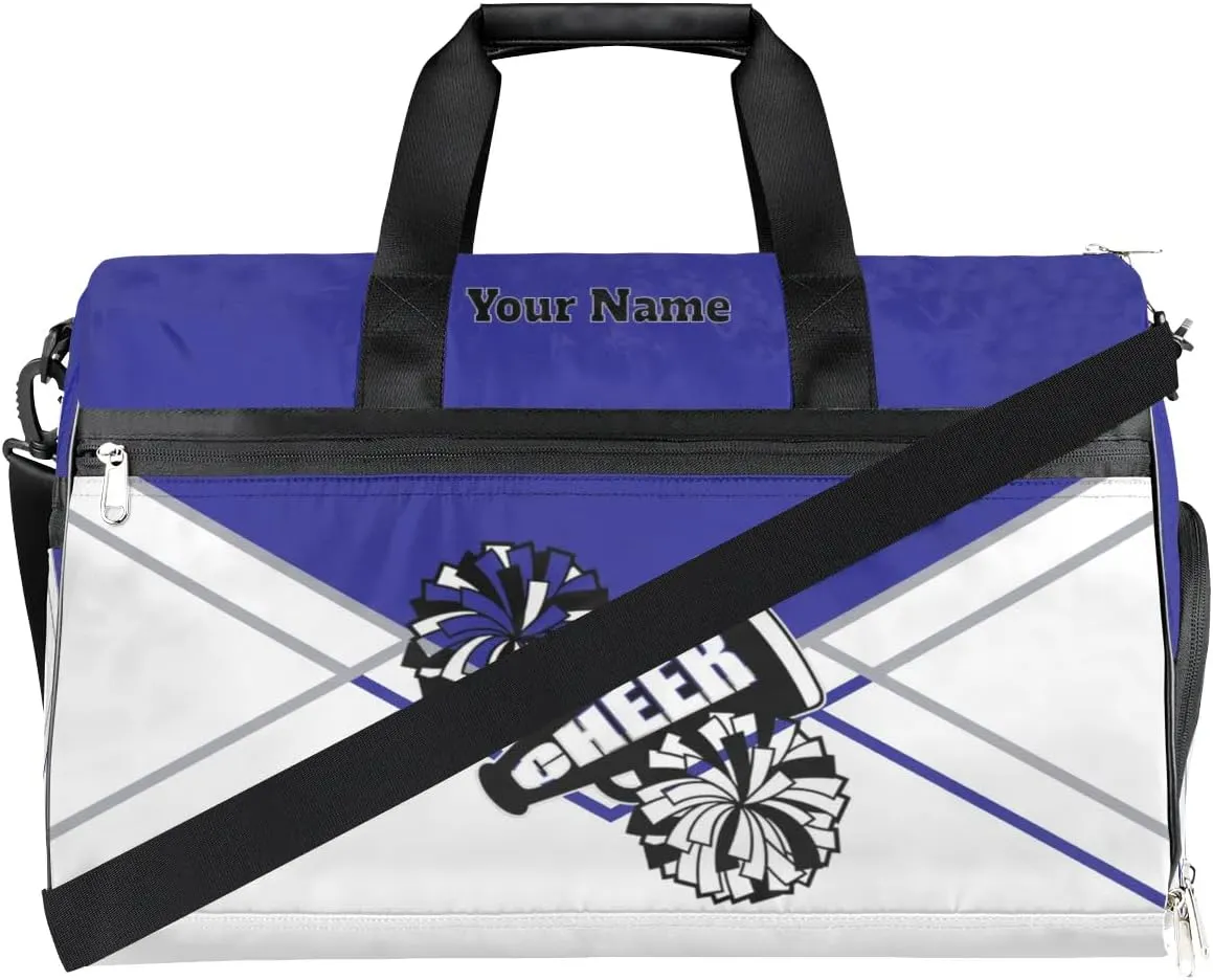 Personalized Cheer Duffel Bag Cheerleader Weekender Overnight Bag Custom Name Team Gift Lightweight Gymnastics Dance Bag Waterproof Sport Gym Travel Collapsible Carry on Tote Bag Blue Silvery White