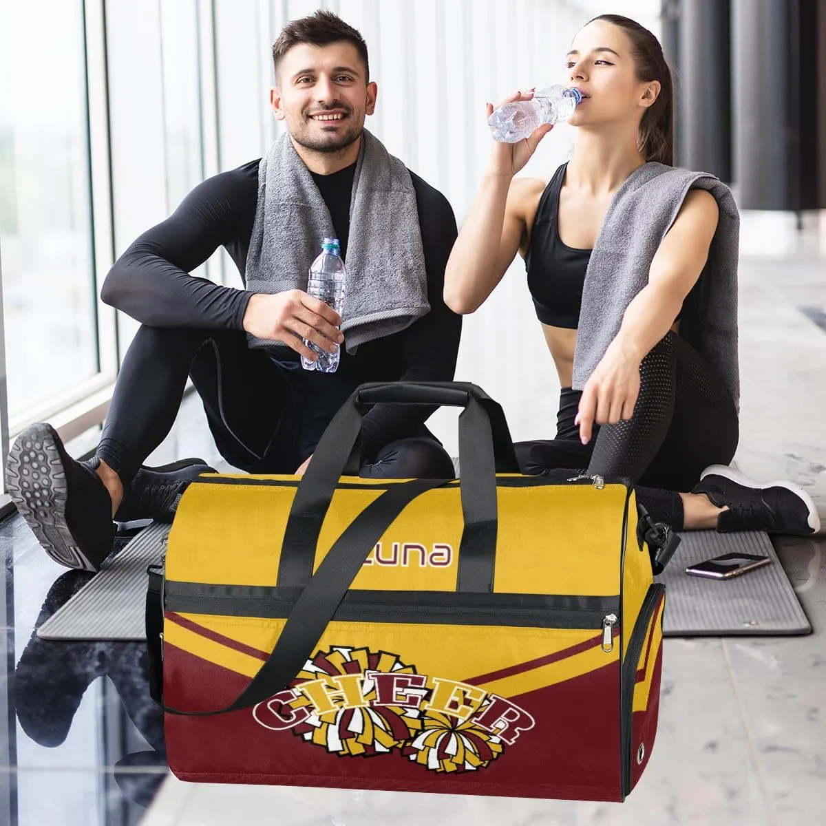 Personalized Cheerleaders Duffel Bag for Girl Women, Custom Name Sport Gym Bag with Shoes Compartment Dance Bag Yoga Overnight Weekender Bag Yellow Red Cheer