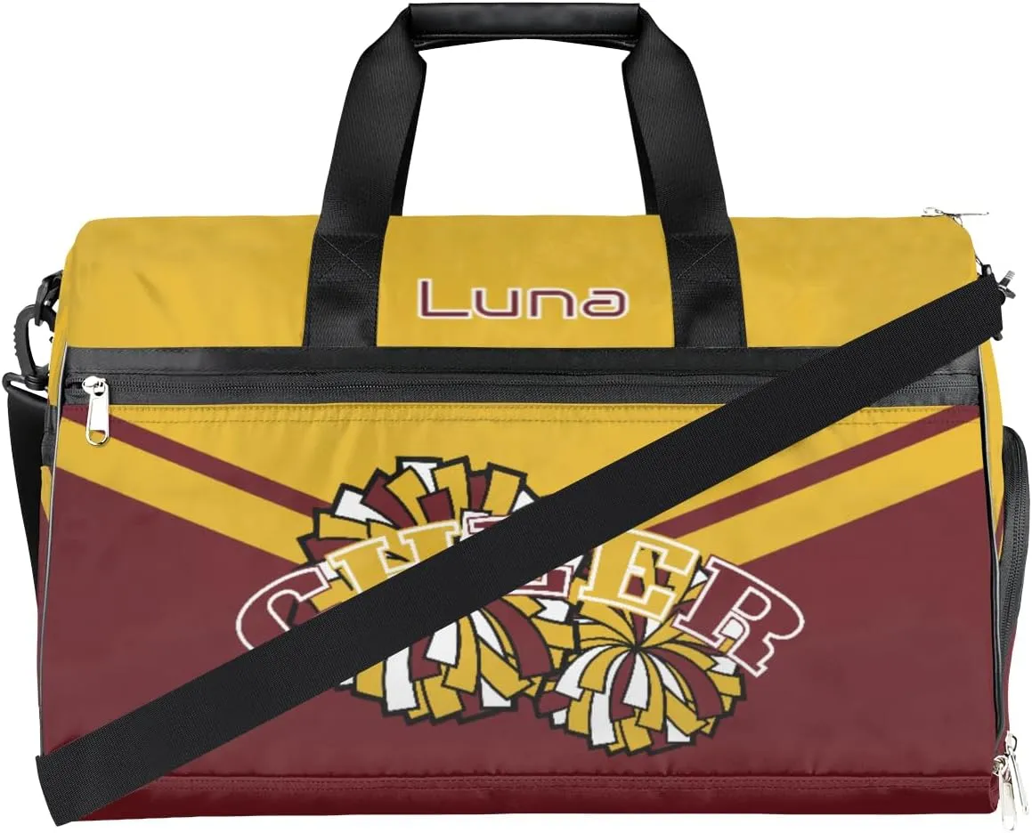 Personalized Cheerleaders Duffel Bag for Girl Women, Custom Name Sport Gym Bag with Shoes Compartment Dance Bag Yoga Overnight Weekender Bag Yellow Red Cheer