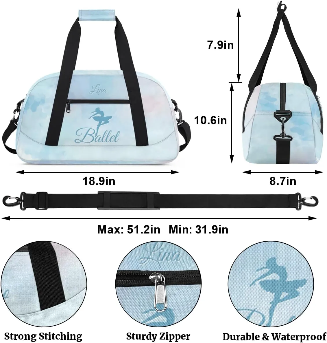 Personalized Dance Bag for Girls Kids, Custom Gym Bag Overnight Small Duffel Bag with Padded Handles Sports Travel Bag for School Practice Gymnastics Ballet, Colorful Blue Ballerinas