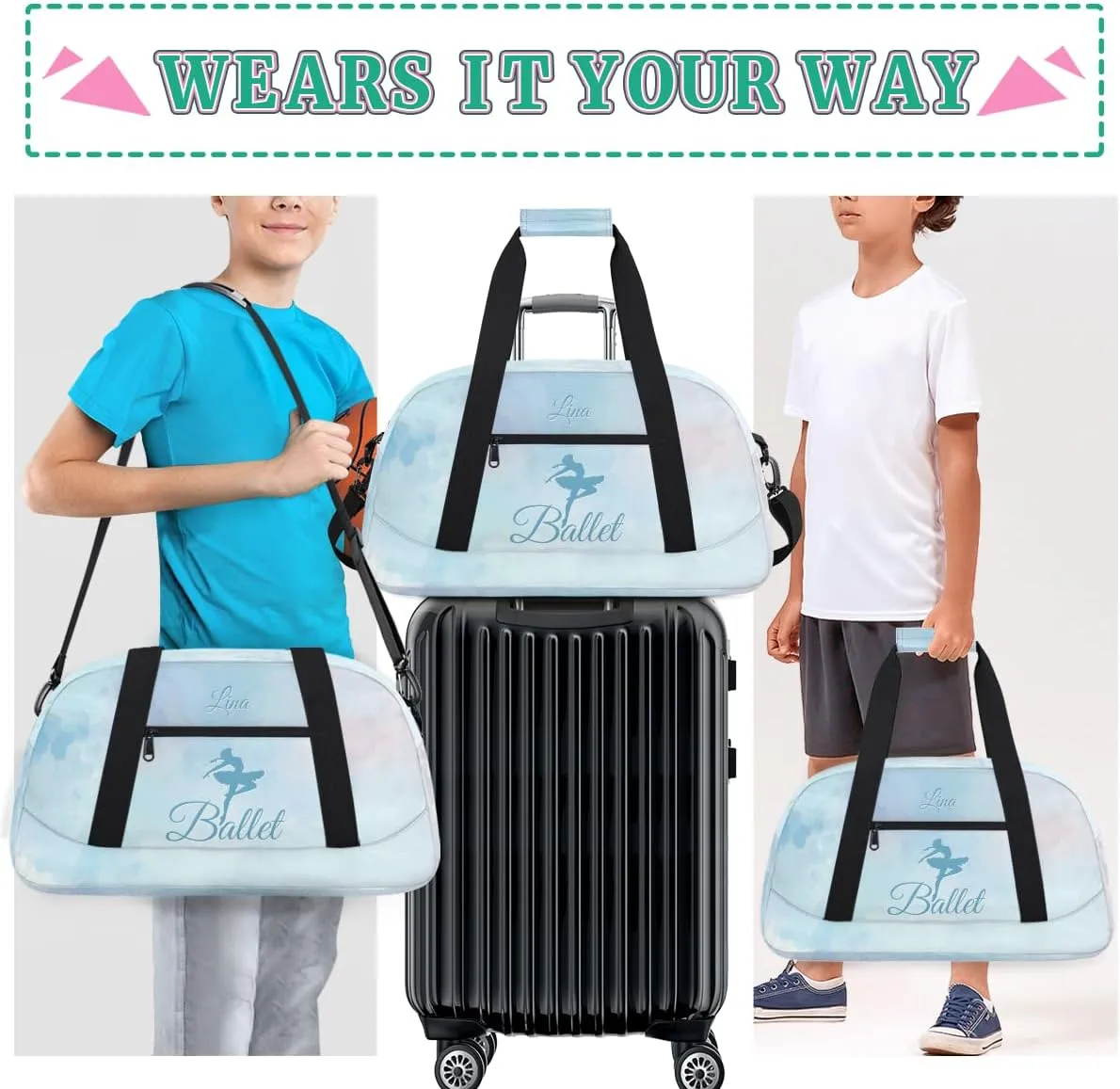 Personalized Dance Bag for Girls Kids, Custom Gym Bag Overnight Small Duffel Bag with Padded Handles Sports Travel Bag for School Practice Gymnastics Ballet, Colorful Blue Ballerinas