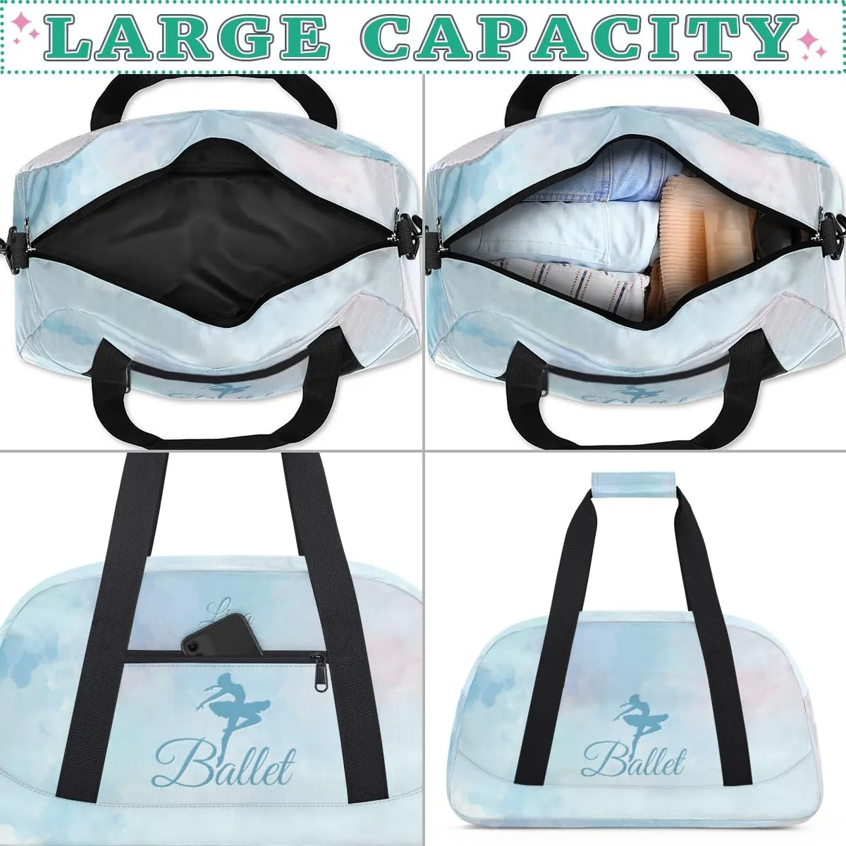 Personalized Dance Bag for Girls Kids, Custom Gym Bag Overnight Small Duffel Bag with Padded Handles Sports Travel Bag for School Practice Gymnastics Ballet, Colorful Blue Ballerinas