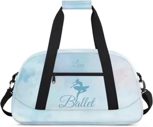 Personalized Dance Bag for Girls Kids, Custom Gym Bag Overnight Small Duffel Bag with Padded Handles Sports Travel Bag for School Practice Gymnastics Ballet, Colorful Blue Ballerinas