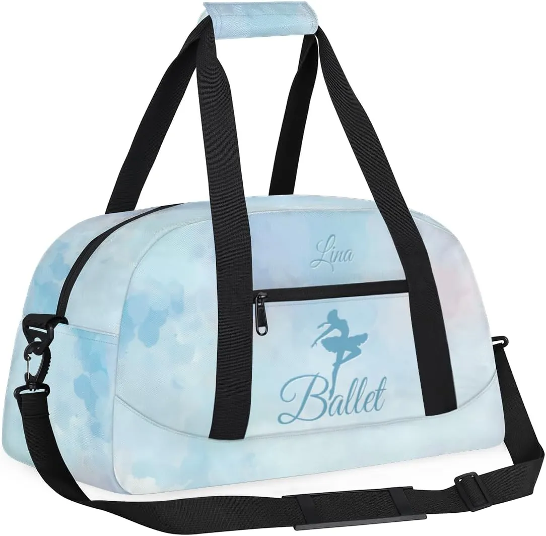 Personalized Dance Bag for Girls Kids, Custom Gym Bag Overnight Small Duffel Bag with Padded Handles Sports Travel Bag for School Practice Gymnastics Ballet, Colorful Blue Ballerinas