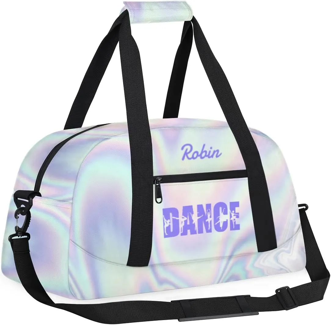 Personalized Dance Bag for Girls Kids, Custom Gym Bag Overnight Small Duffel Bag with Padded Handles Sports Travel Bag for School Practice Gymnastics Ballet, Purple Neon
