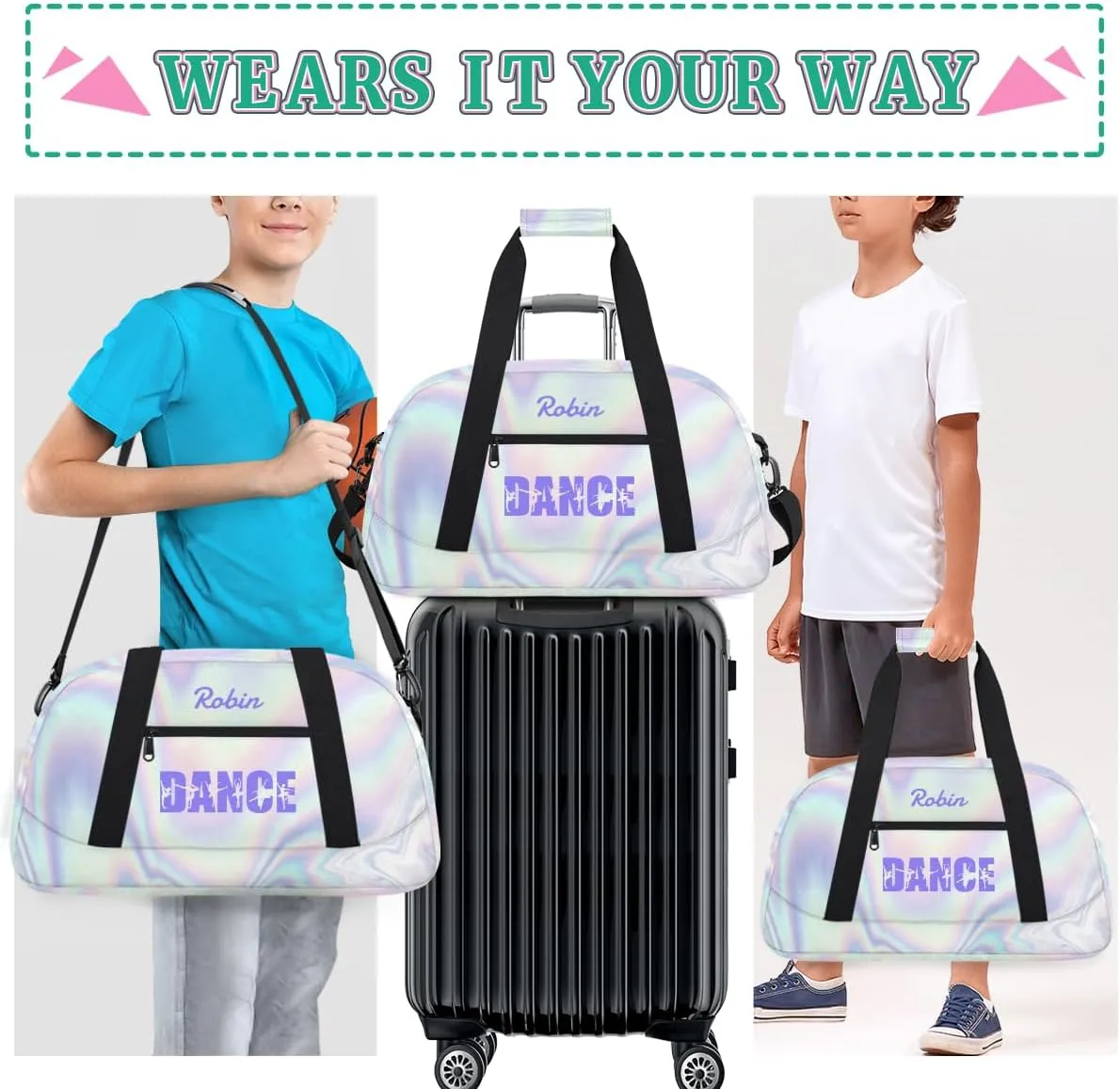 Personalized Dance Bag for Girls Kids, Custom Gym Bag Overnight Small Duffel Bag with Padded Handles Sports Travel Bag for School Practice Gymnastics Ballet, Purple Neon