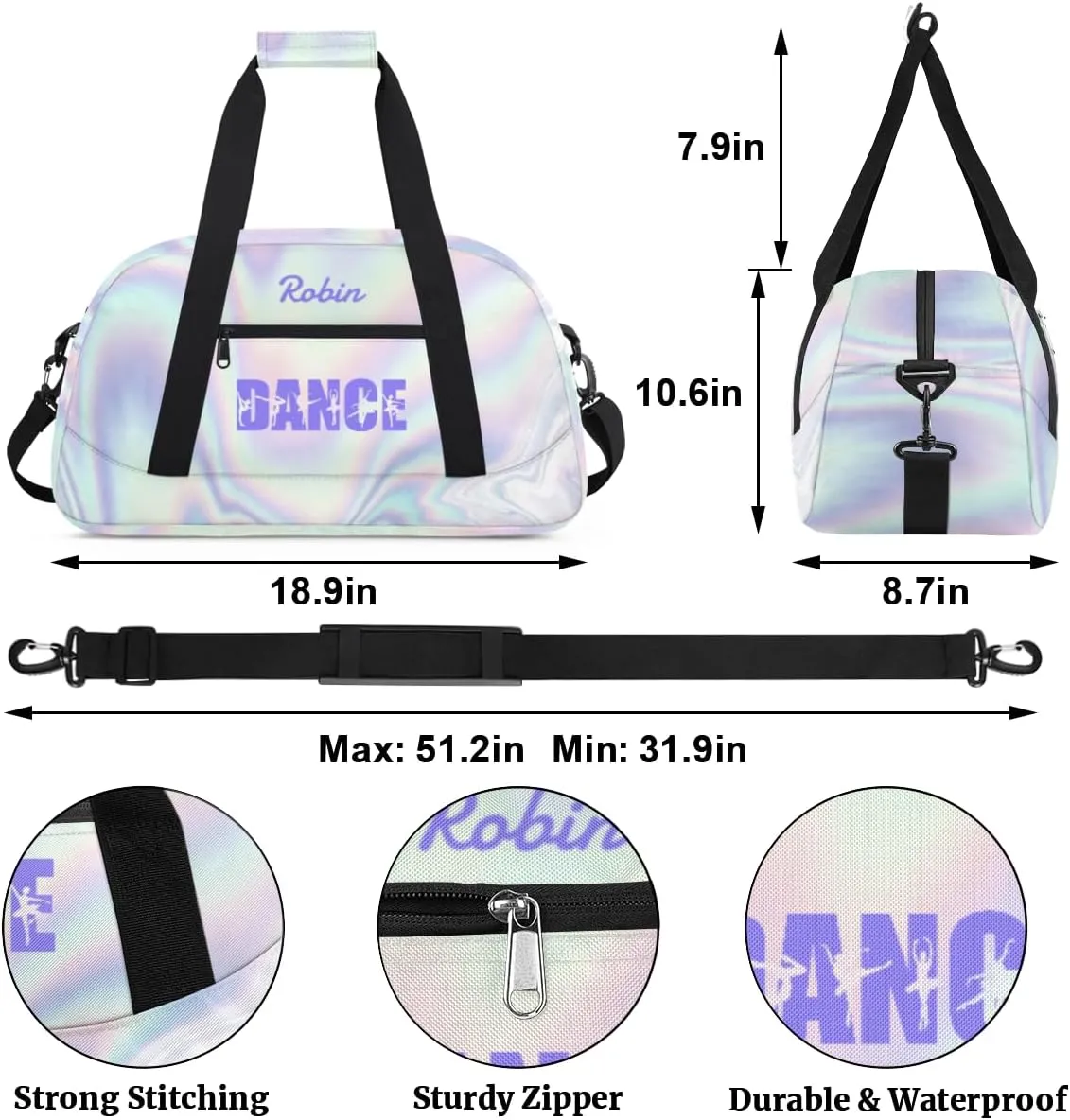 Personalized Dance Bag for Girls Kids, Custom Gym Bag Overnight Small Duffel Bag with Padded Handles Sports Travel Bag for School Practice Gymnastics Ballet, Purple Neon