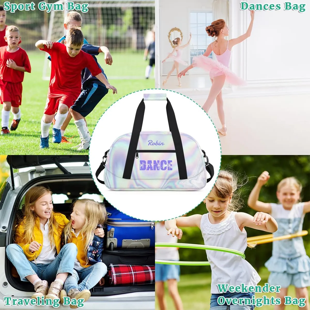 Personalized Dance Bag for Girls Kids, Custom Gym Bag Overnight Small Duffel Bag with Padded Handles Sports Travel Bag for School Practice Gymnastics Ballet, Purple Neon