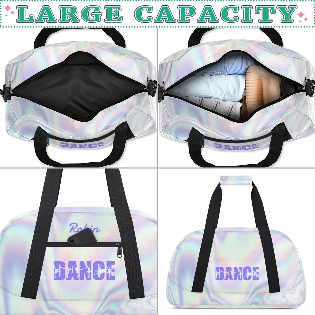 Personalized Dance Bag for Girls Kids, Custom Gym Bag Overnight Small Duffel Bag with Padded Handles Sports Travel Bag for School Practice Gymnastics Ballet, Purple Neon