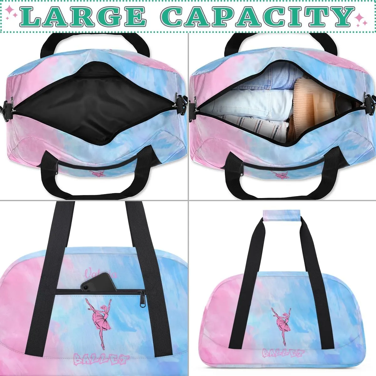 Personalized Dance Bag for Girls Kids, Custom Gym Bag Overnight Small Duffel Bag with Padded Handles Sports Travel Bag for School Practice Gymnastics Ballet, Whitewash Blue Pink Ballet