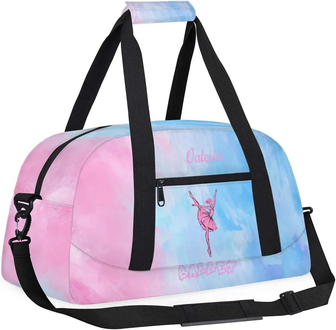 Personalized Dance Bag for Girls Kids, Custom Gym Bag Overnight Small Duffel Bag with Padded Handles Sports Travel Bag for School Practice Gymnastics Ballet, Whitewash Blue Pink Ballet