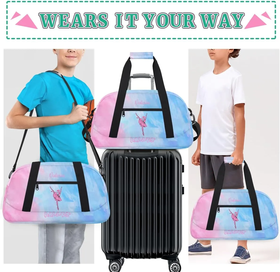 Personalized Dance Bag for Girls Kids, Custom Gym Bag Overnight Small Duffel Bag with Padded Handles Sports Travel Bag for School Practice Gymnastics Ballet, Whitewash Blue Pink Ballet