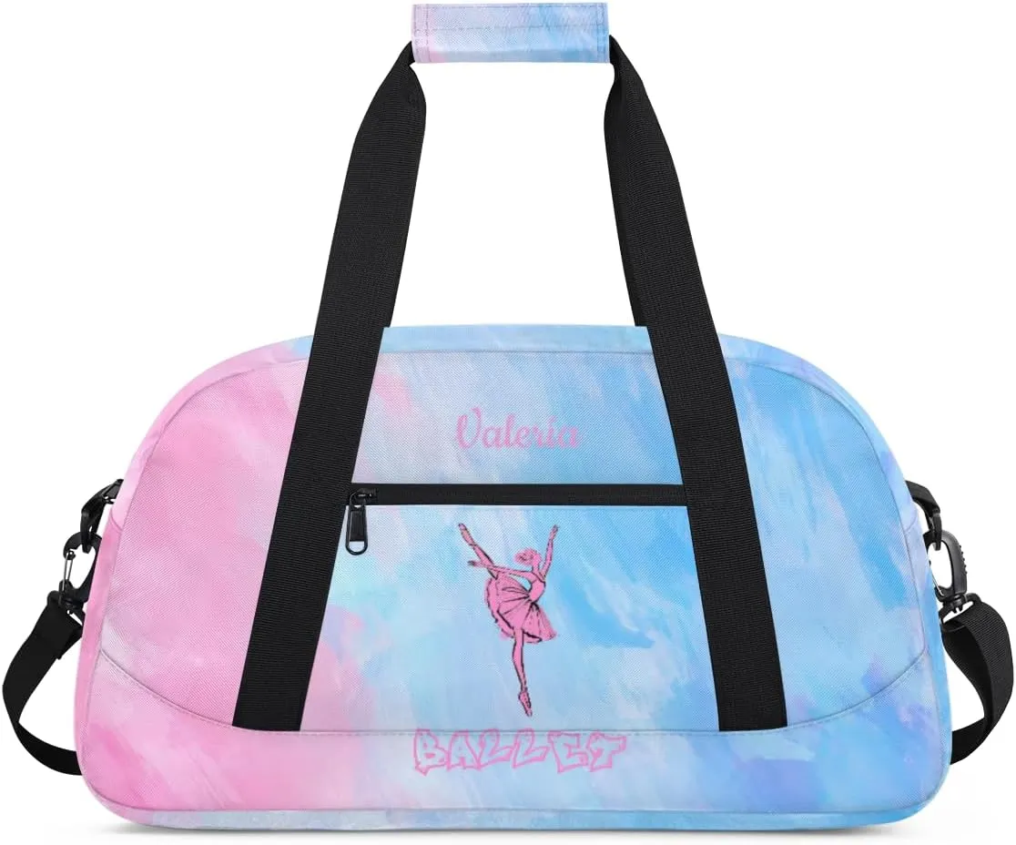 Personalized Dance Bag for Girls Kids, Custom Gym Bag Overnight Small Duffel Bag with Padded Handles Sports Travel Bag for School Practice Gymnastics Ballet, Whitewash Blue Pink Ballet