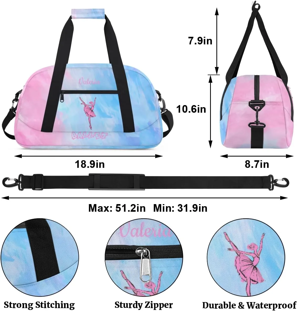 Personalized Dance Bag for Girls Kids, Custom Gym Bag Overnight Small Duffel Bag with Padded Handles Sports Travel Bag for School Practice Gymnastics Ballet, Whitewash Blue Pink Ballet