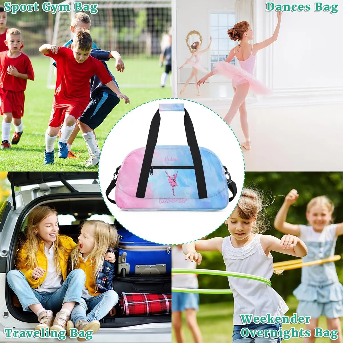 Personalized Dance Bag for Girls Kids, Custom Gym Bag Overnight Small Duffel Bag with Padded Handles Sports Travel Bag for School Practice Gymnastics Ballet, Whitewash Blue Pink Ballet