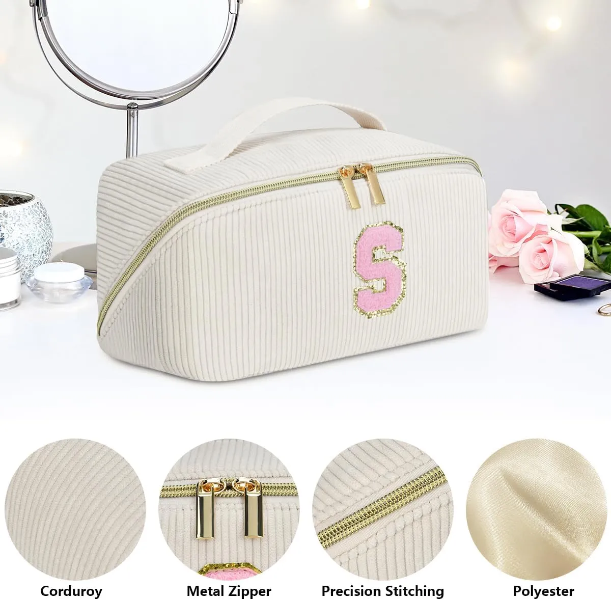 Personalized Initial Makeup Bag, Graduation Gift for Her Cosmetic Travel Bag Women, Large Capacity Stuff Bag Birthday Gifts for Teen Girl Gift Trendy Stuff - A