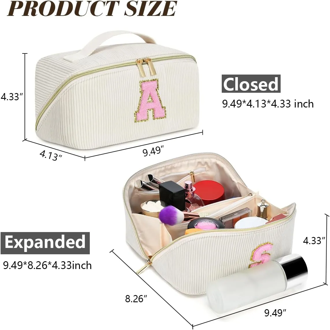 Personalized Initial Makeup Bag, Graduation Gift for Her Cosmetic Travel Bag Women, Large Capacity Stuff Bag Birthday Gifts for Teen Girl Gift Trendy Stuff - A