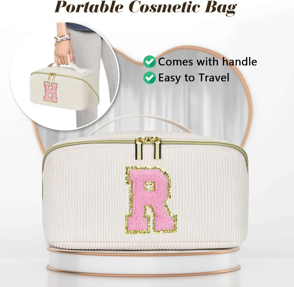 Personalized Initial Makeup Bag, Graduation Gift for Her Cosmetic Travel Bag Women, Large Capacity Stuff Bag Birthday Gifts for Teen Girl Gift Trendy Stuff - A